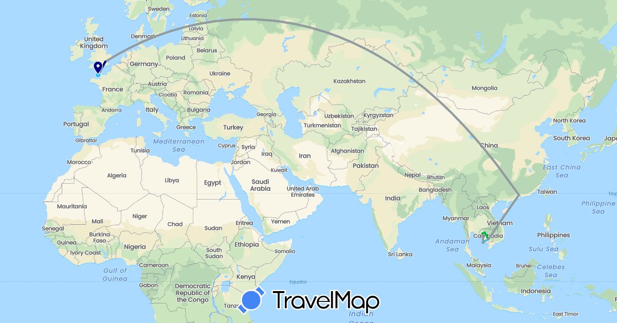TravelMap itinerary: driving, bus, plane, boat in China, United Kingdom, Jersey, Cambodia (Asia, Europe)